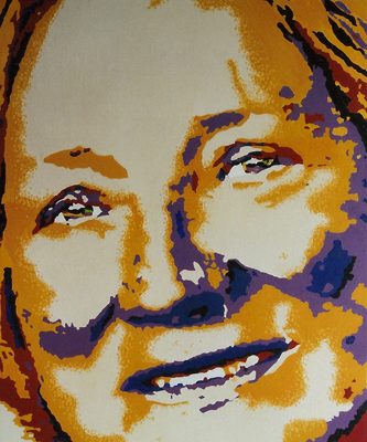 Kunstsammlerin Hiltrud Neumann im Portrait von Carola Paschold im Pop Art Stil, gelb, violett, weiß, mit roten Akzenten, gemalt